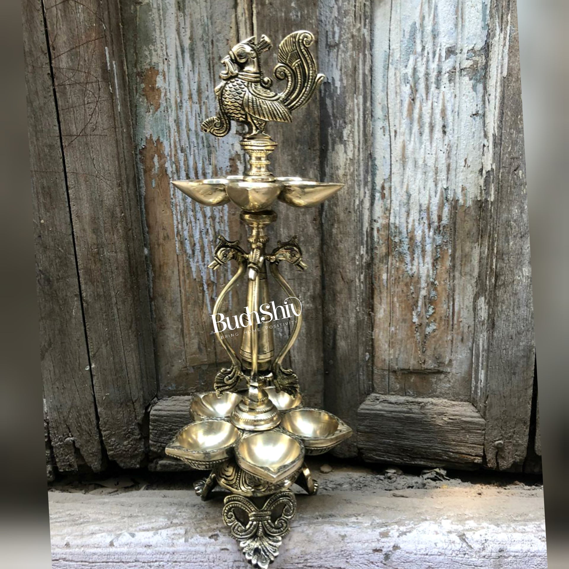 Peacock brass lamp superfine 16 inches - Budhshiv.com