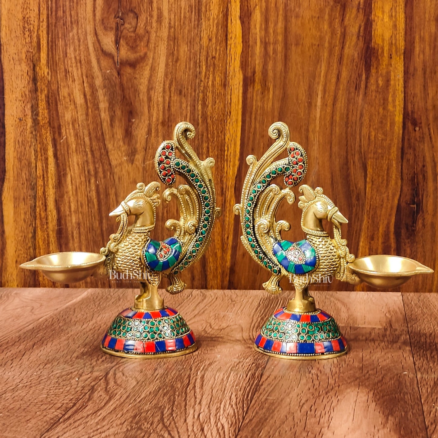 Peacock Brass Oil Lamps | 8 inches Meenakari Stonework 8" - Budhshiv.com