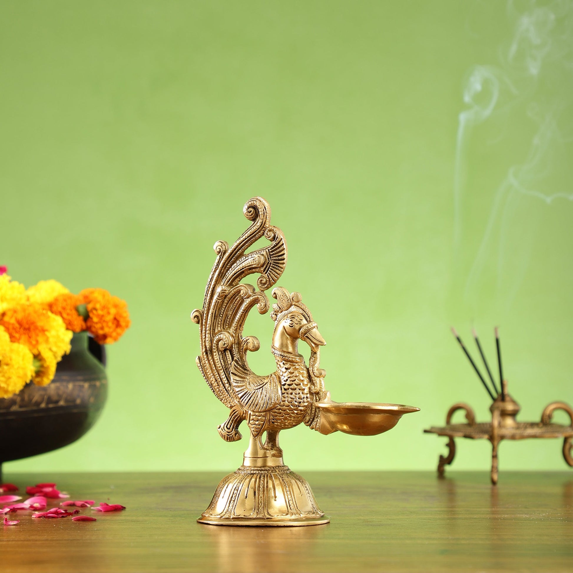 Peacock Brass Oil Lamps | Open Feather Design | Height 8 inches - Budhshiv.com