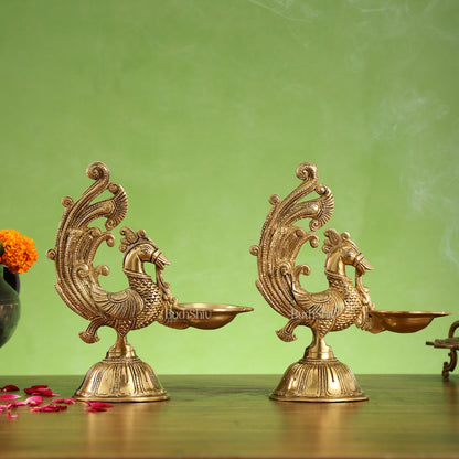 Peacock Brass Oil Lamps | Open Feather Design | Height 8 inches - Budhshiv.com