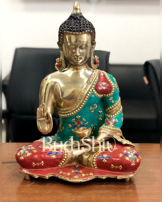 Positive Blessing Buddha Statue in Pure Brass with Abhaya Mudra 16 inch - Budhshiv.com