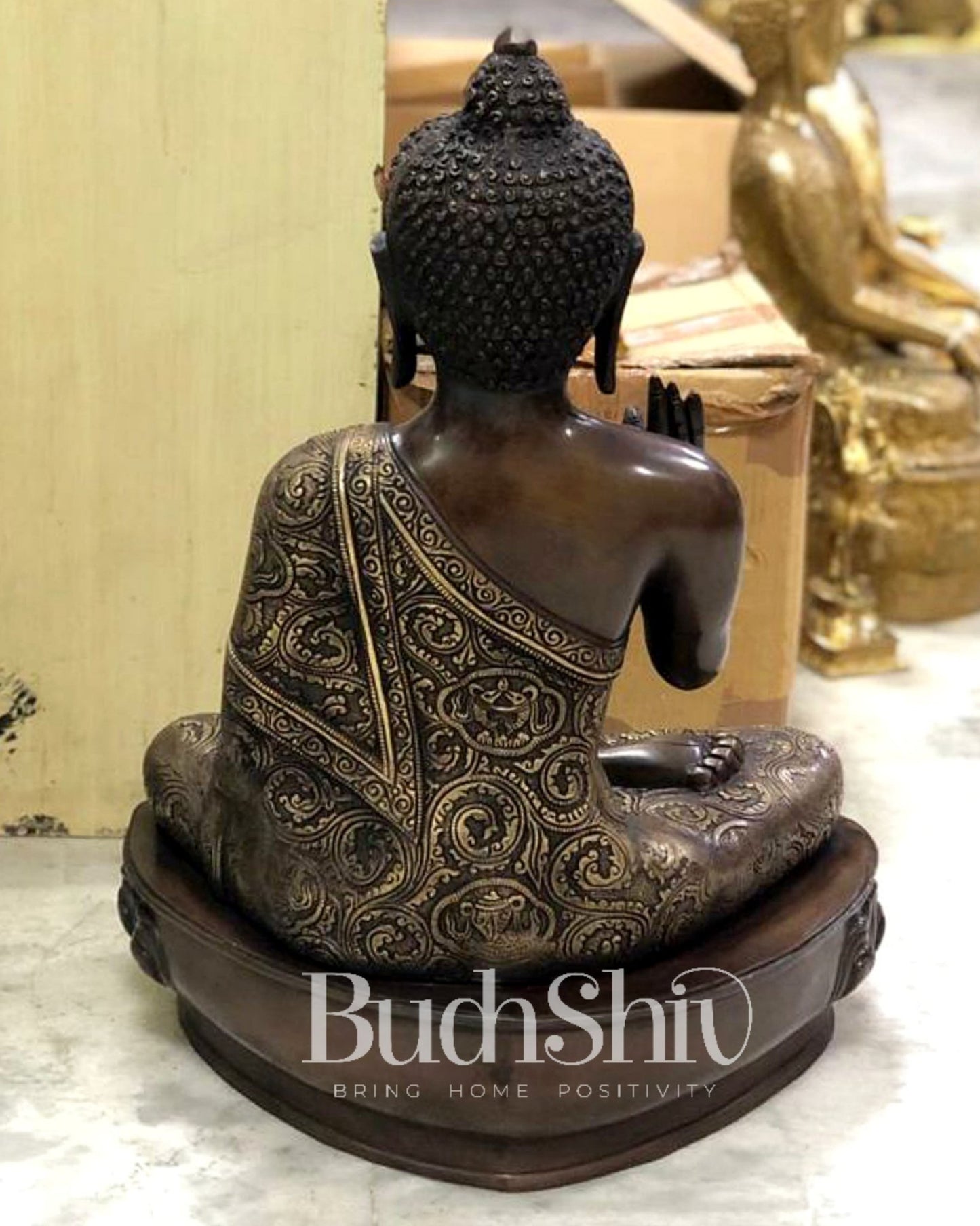 Positivity Personified: Engraved Pure Brass Buddha Statue 22 inch - Budhshiv.com
