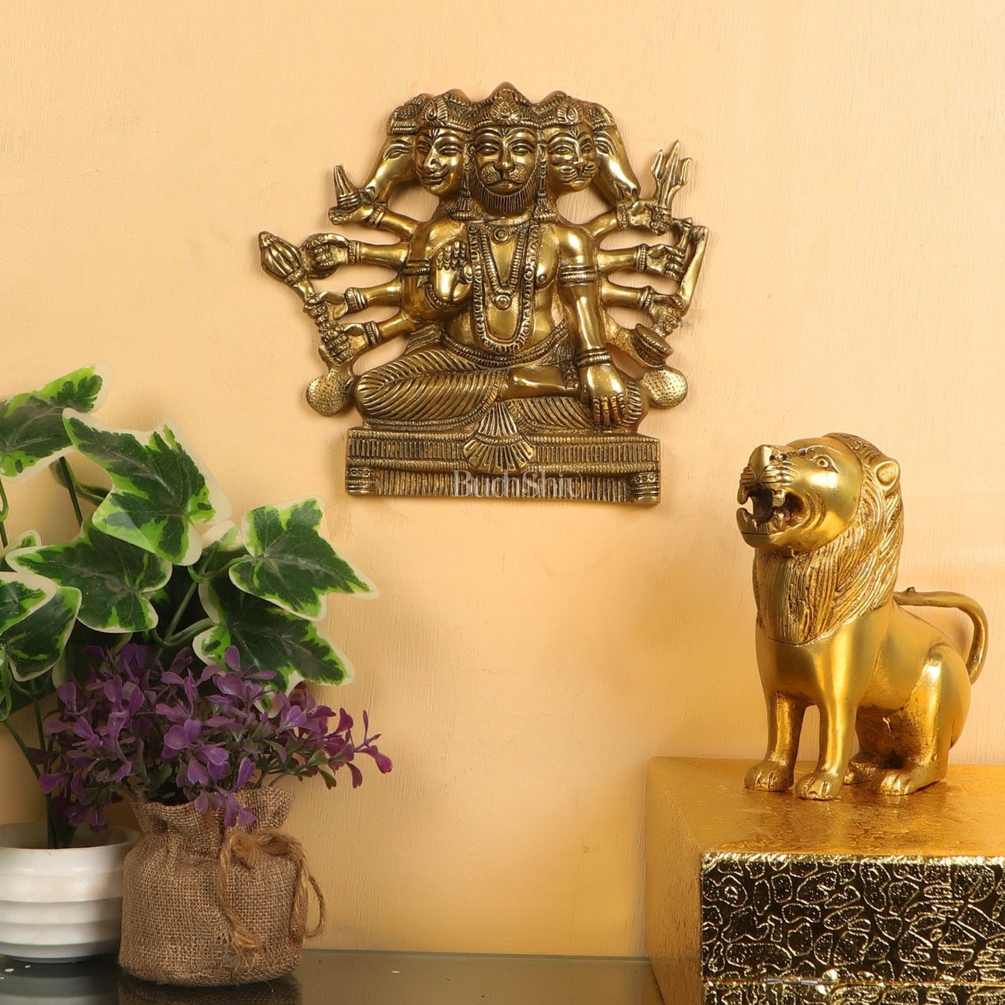 Powerful Panchmukhi Hanuman Brass Wall Hanging | Auspicious & Ward off Evil | 8" - Budhshiv.com