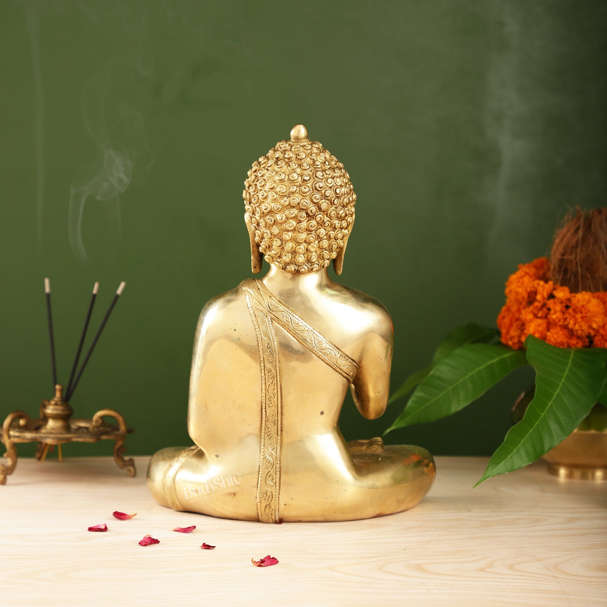 Pure Brass Blessing Buddha Statue | Handcrafted Fine Brass Sculpture 12 inch - Budhshiv.com