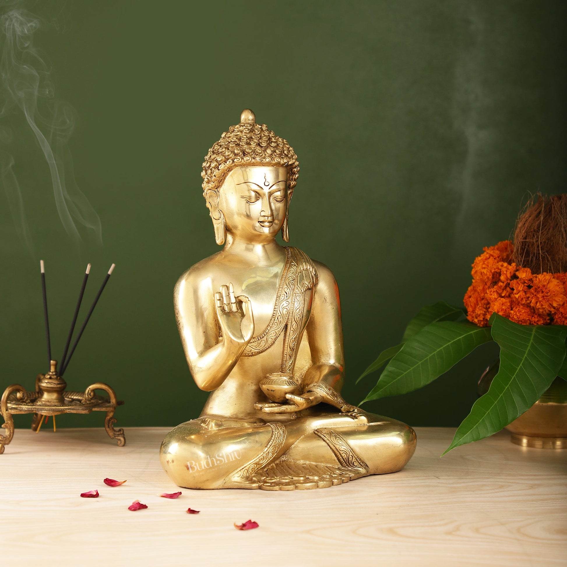 Pure Brass Blessing Buddha Statue | Handcrafted Fine Brass Sculpture 12 inch - Budhshiv.com