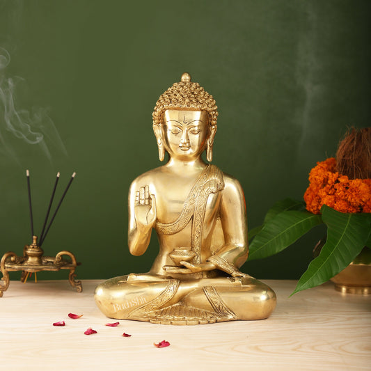 Pure Brass Blessing Buddha Statue | Handcrafted Fine Brass Sculpture 12 inch - Budhshiv.com