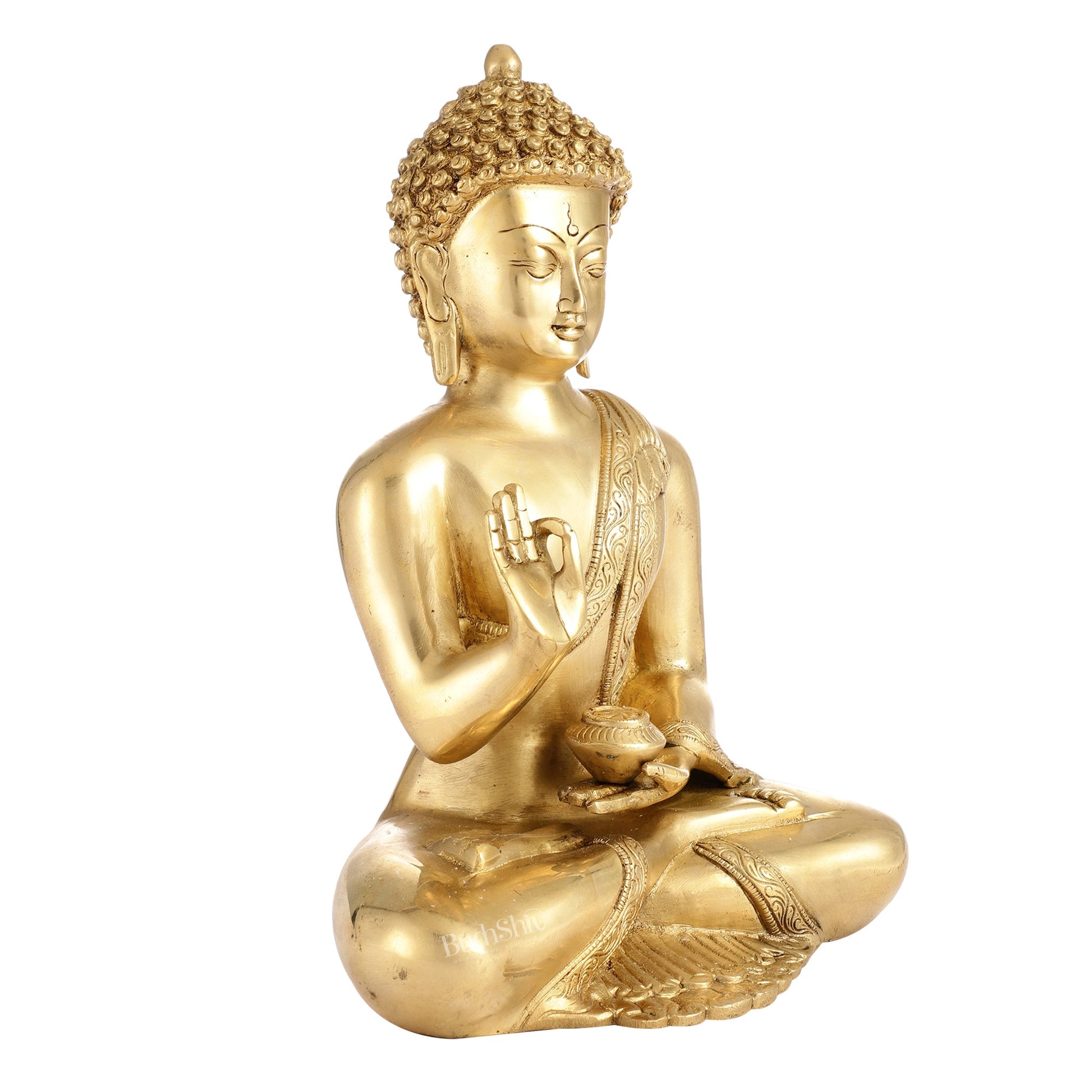 Pure Brass Blessing Buddha Statue | Handcrafted Fine Brass Sculpture 12 inch - Budhshiv.com