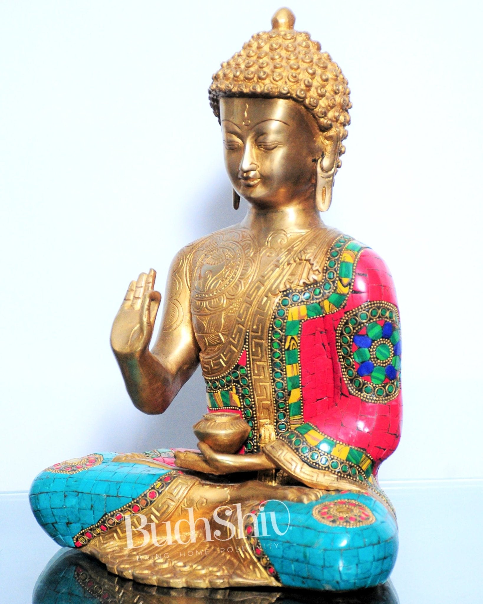 Pure Brass Blessing Buddha Statue | Handcrafted with Natural Stone 12 inches - Budhshiv.com