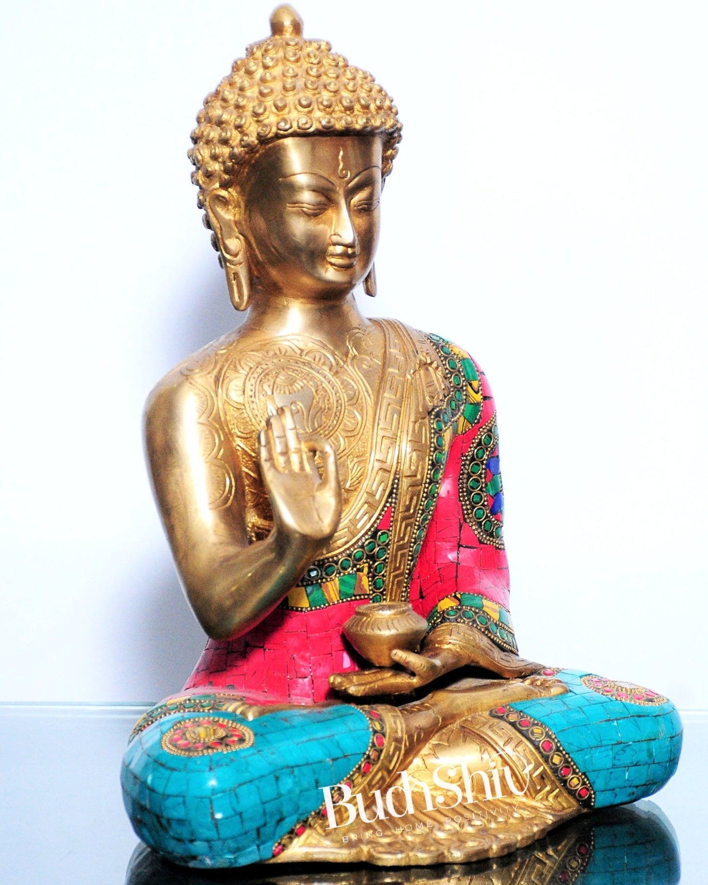 Pure Brass Blessing Buddha Statue | Handcrafted with Natural Stone 12 inches - Budhshiv.com