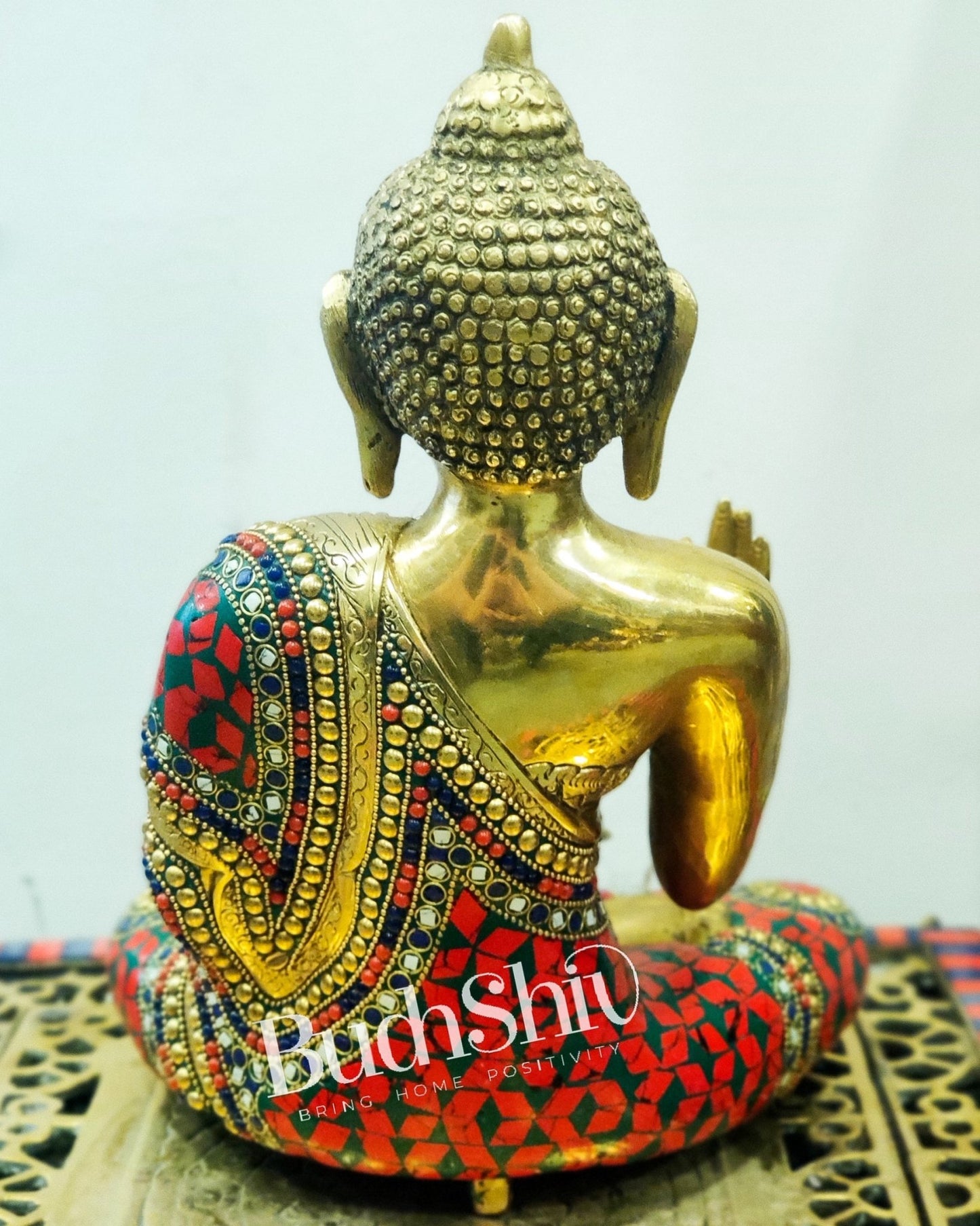 Pure Brass Blessing Buddha statue with stonework 11.5 inches - Budhshiv.com