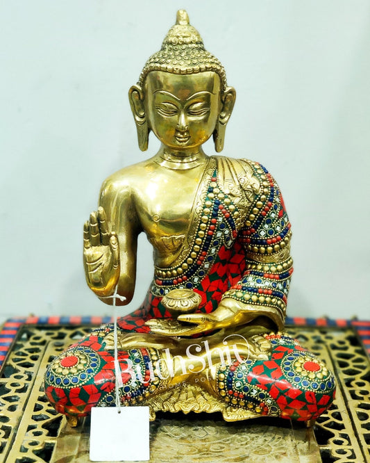 Pure Brass Blessing Buddha statue with stonework 11.5 inches - Budhshiv.com