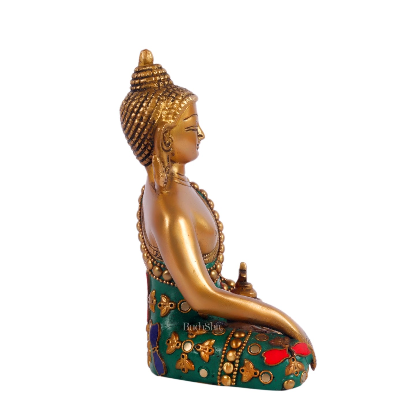 Pure Brass Buddha in Bhoomisparsha Mudra 6 inch with stonework - Budhshiv.com