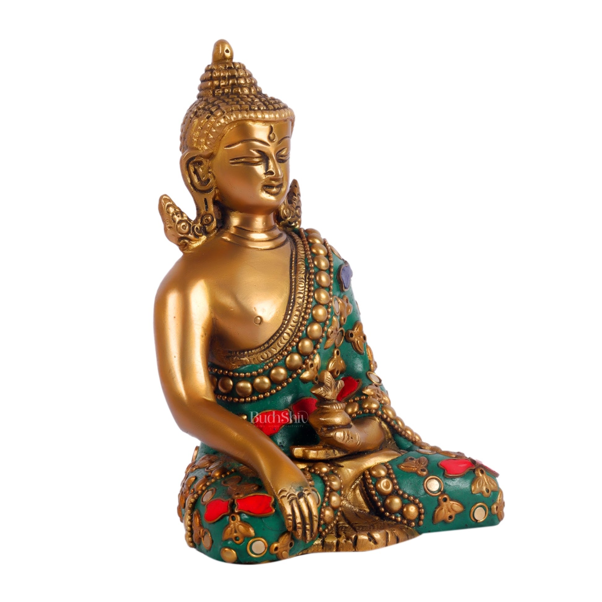 Pure Brass Buddha in Bhoomisparsha Mudra 6 inch with stonework - Budhshiv.com