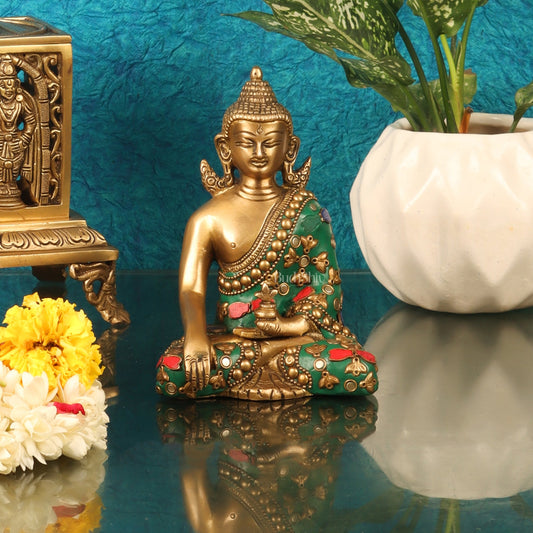 Pure Brass Buddha in Bhoomisparsha Mudra 6 inch with stonework - Budhshiv.com