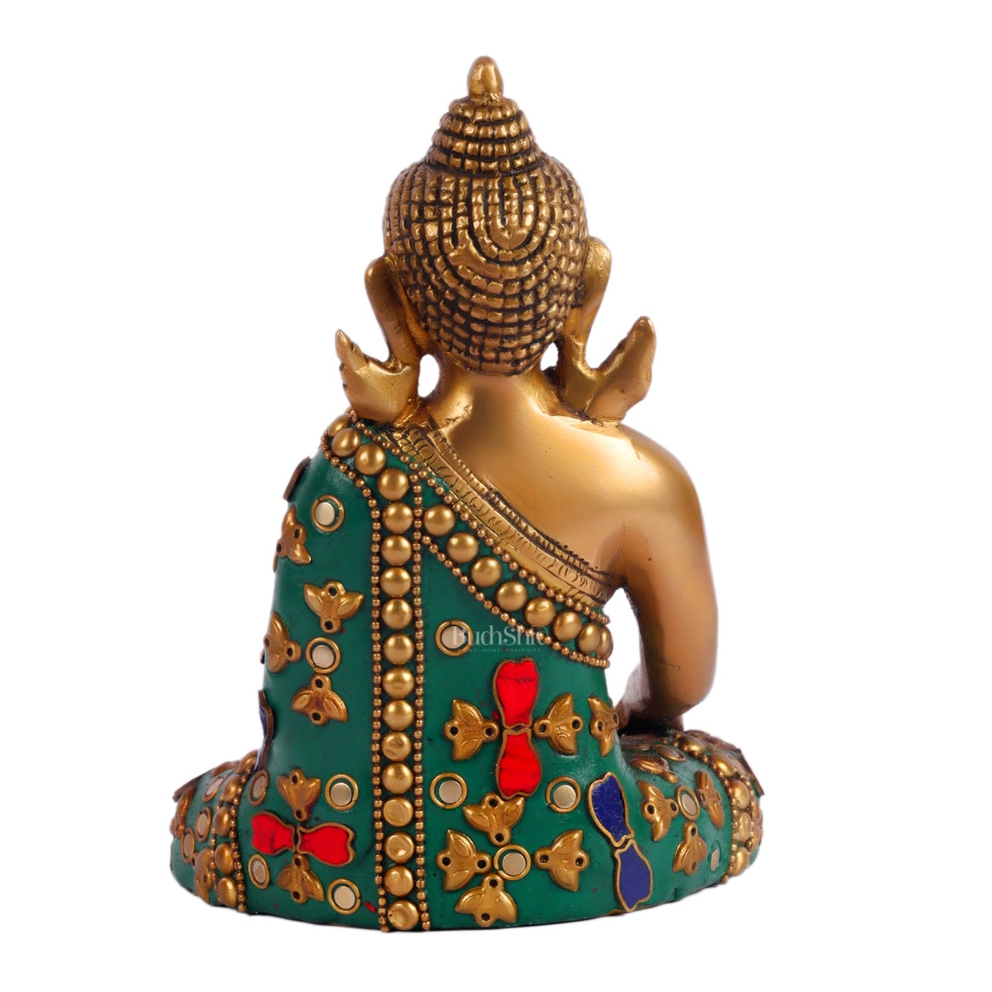 Pure Brass Buddha in Bhoomisparsha Mudra 6 inch with stonework - Budhshiv.com