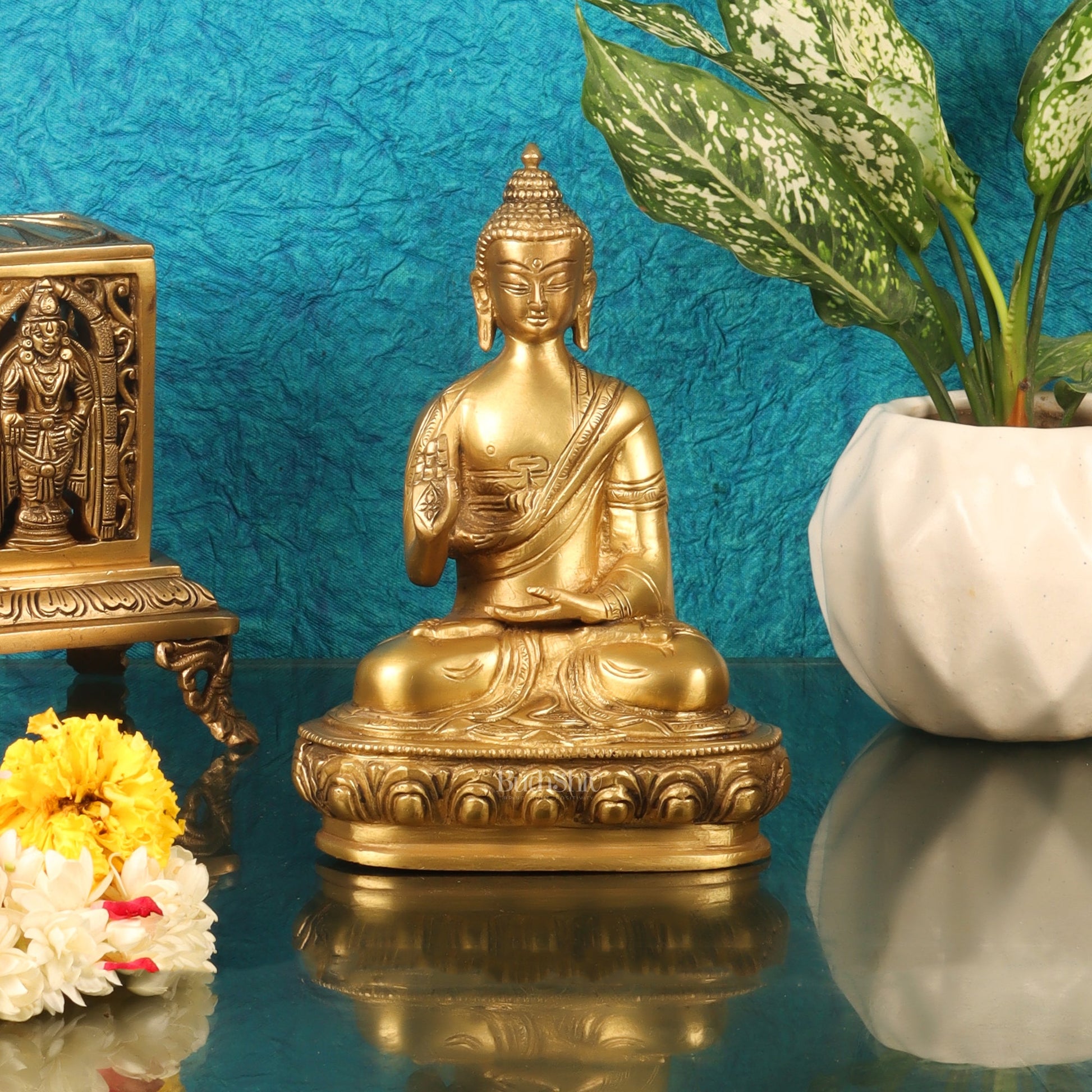 Pure Brass Buddha Statue | Abhaya Mudra | 7.5" x 6" x 3 - Budhshiv.com