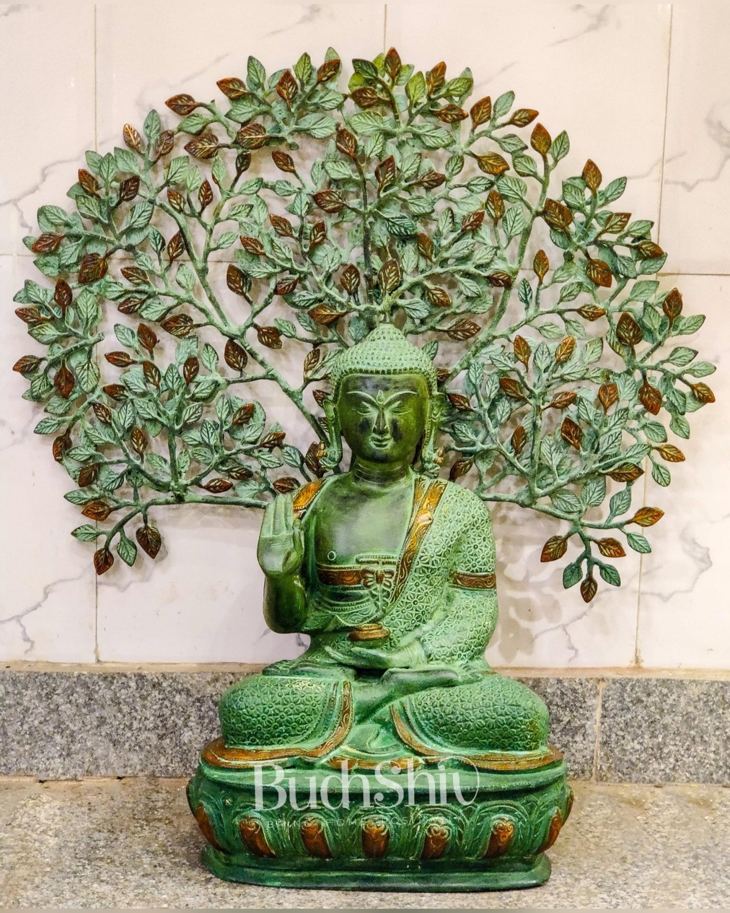 Pure Brass Buddha Statue with Kalpavriksha | 25.5 inches Height | Green Sandstone Antique Patina - Budhshiv.com