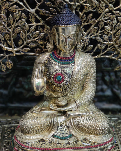 Pure Brass Buddha Statue with Kalpavriksha | Blessing Posture | 25.5 inches Height - Budhshiv.com