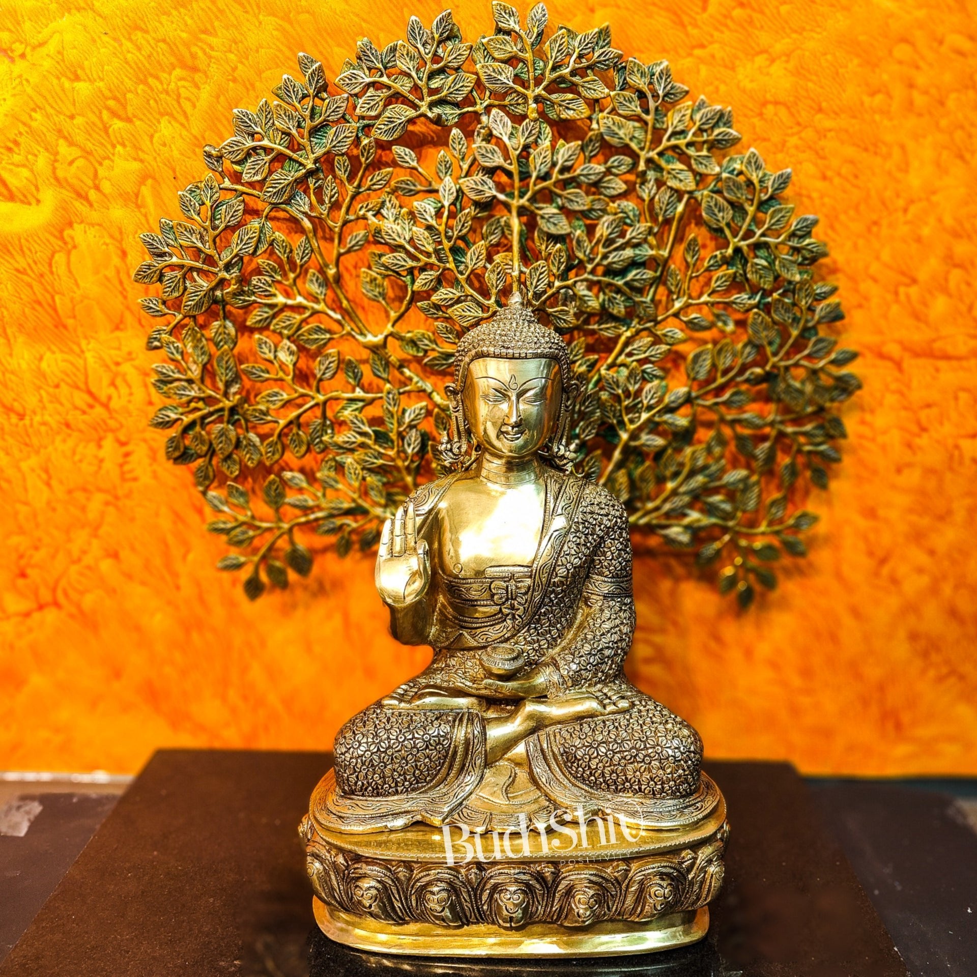 Pure Brass Buddha Statue with Kalpavriksha tree - 25.5 Inches