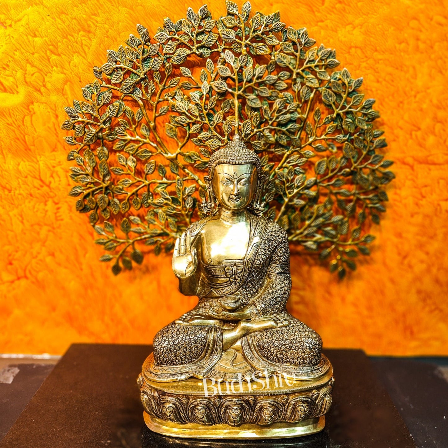 Pure Brass Buddha Statue with Kalpavriksha tree - 25.5 Inches - Budhshiv.com