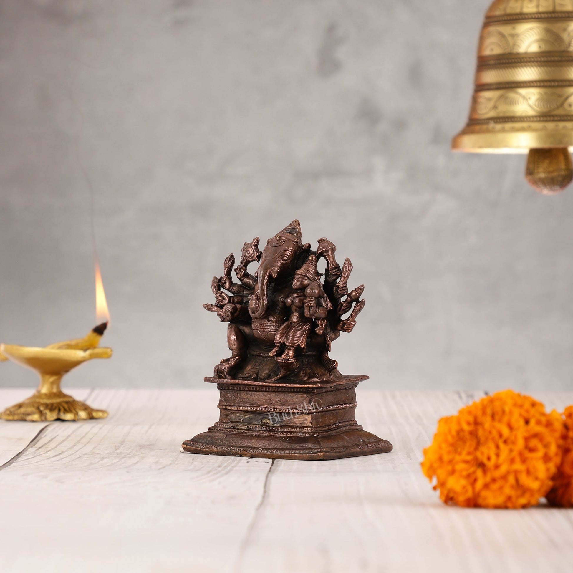 Pure Brass Dashbhuja Ganapati Seated with Riddhi Idol - 3.5" - Budhshiv.com