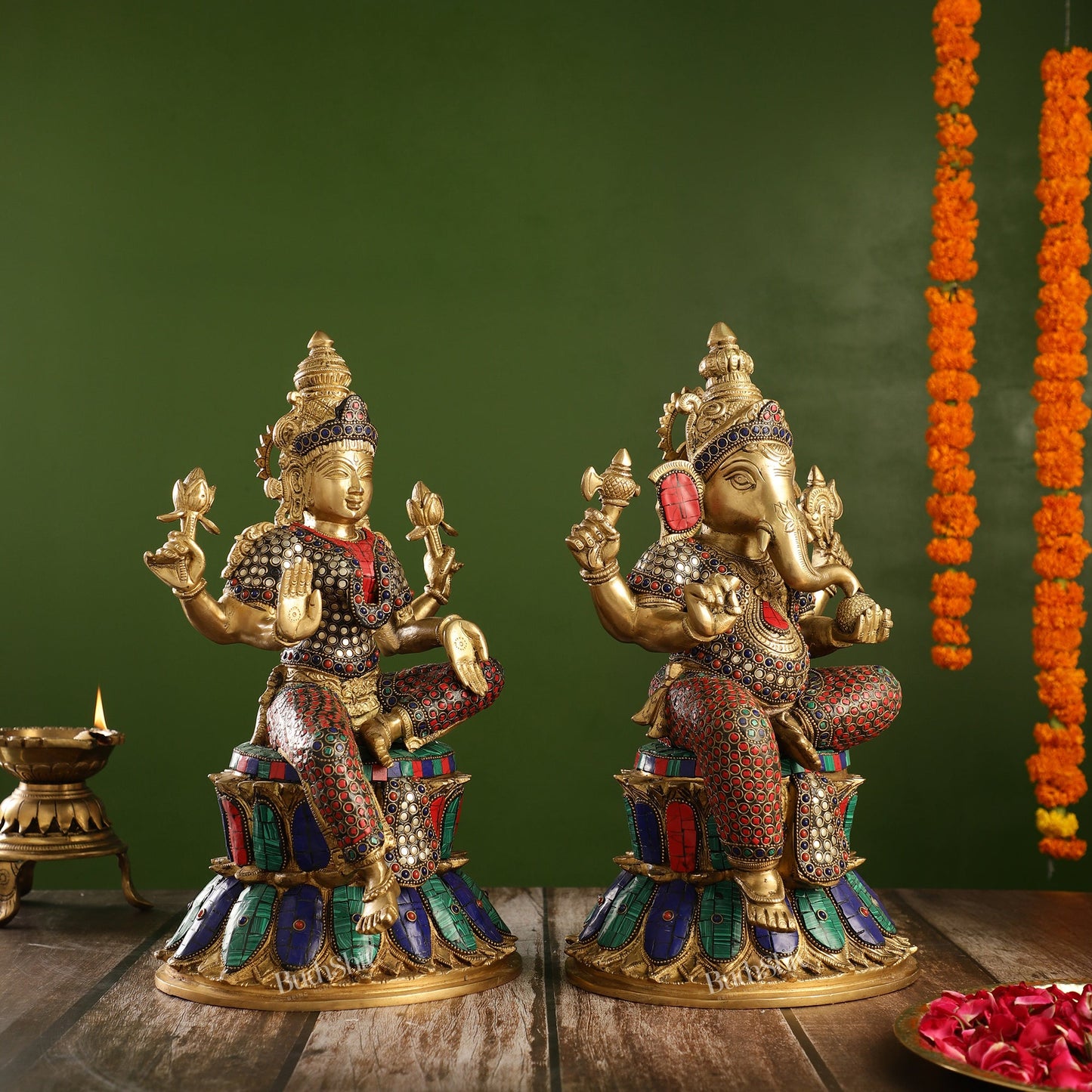 Pure Brass Ganesha and Lakshmi Idols 15 inch - Budhshiv.com