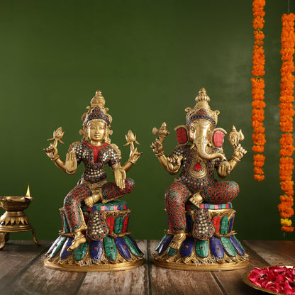 Pure Brass Ganesha and Lakshmi Idols 15 inch - Budhshiv.com