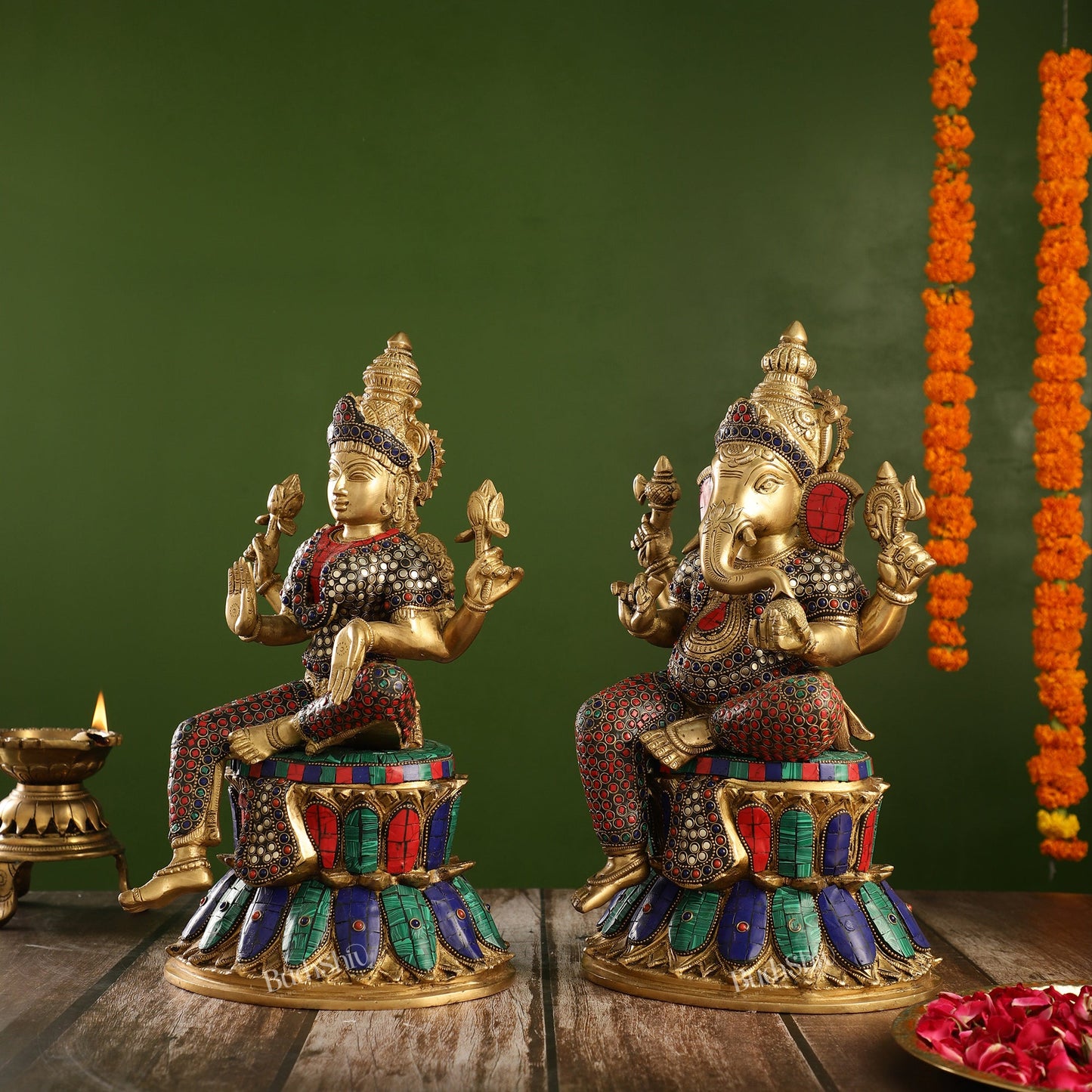 Pure Brass Ganesha and Lakshmi Idols 15 inch - Budhshiv.com