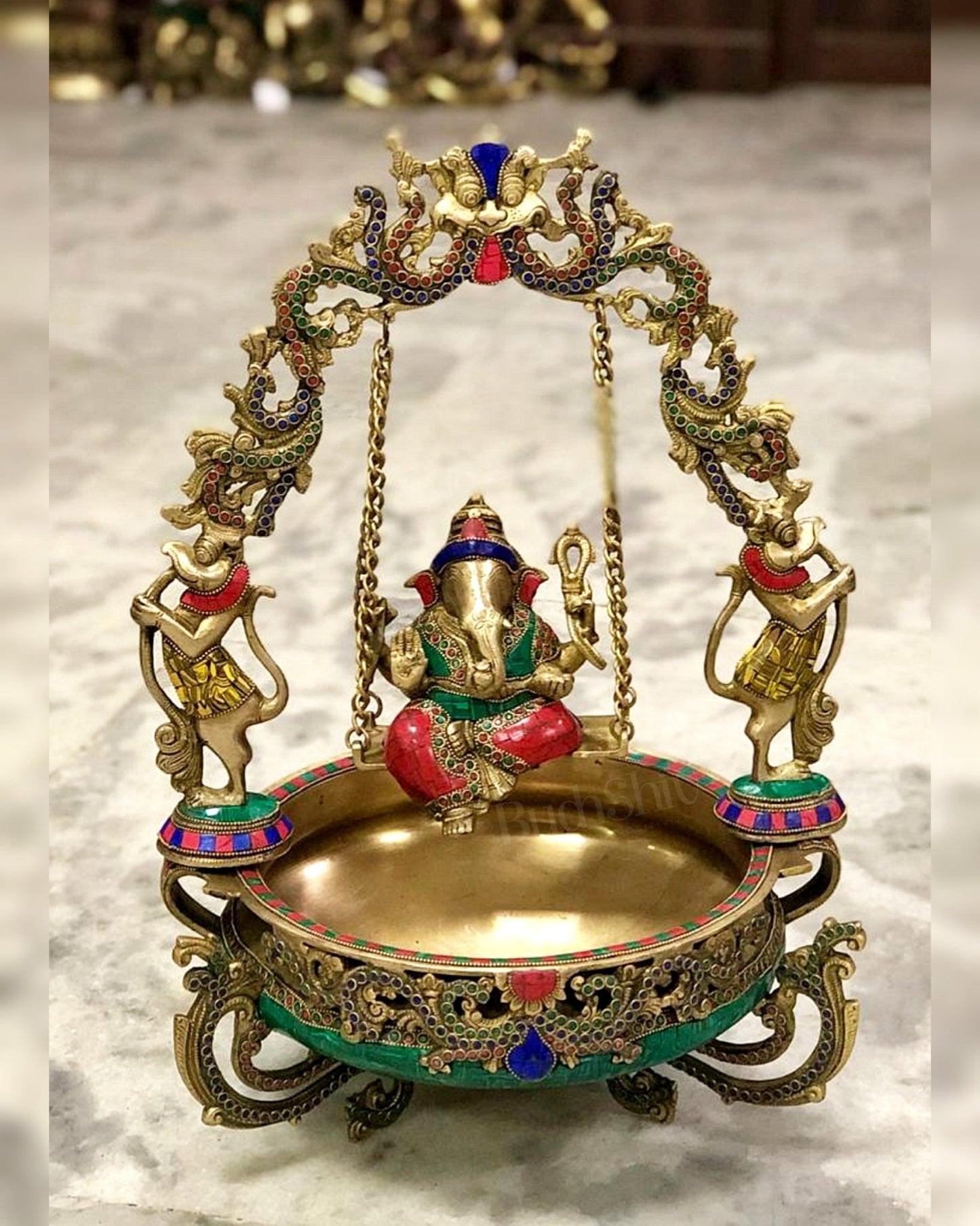 Pure Brass Ganesha on Swing Urli - 21 inch - Budhshiv.com