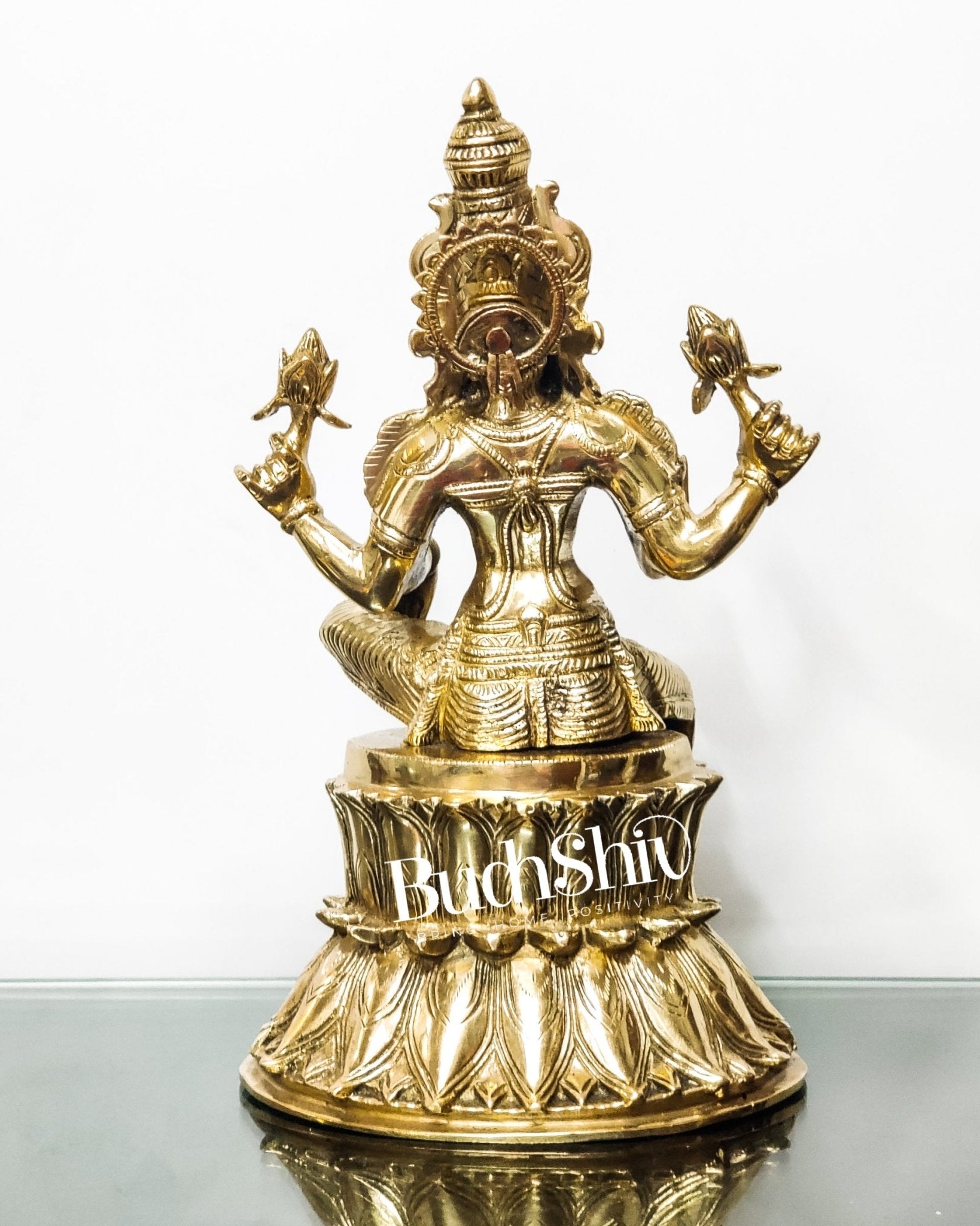 Pure Brass Goddess Lakshmi Statue | Handcrafted | Polished Brass Finish | 14.5" Height - Budhshiv.com