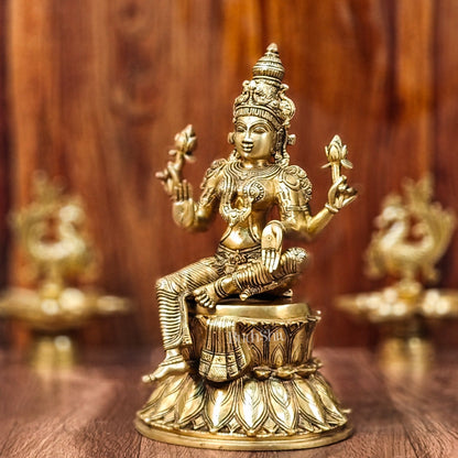 Pure Brass Goddess Lakshmi Statue | Handcrafted | Shine Gold Finish | 14.5" Height - Budhshiv.com