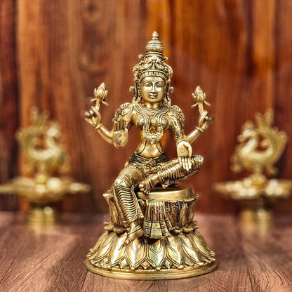 Pure Brass Goddess Lakshmi Statue | Handcrafted | Shine Gold Finish | 14.5" Height - Budhshiv.com