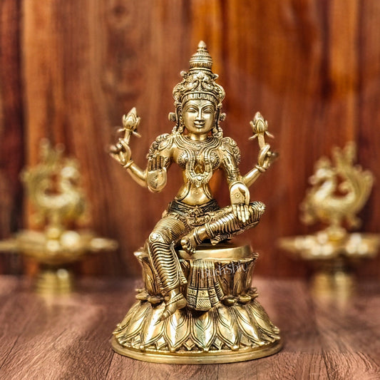 Pure Brass Goddess Lakshmi Statue | Handcrafted | Shine Gold Finish | 14.5" Height - Budhshiv.com