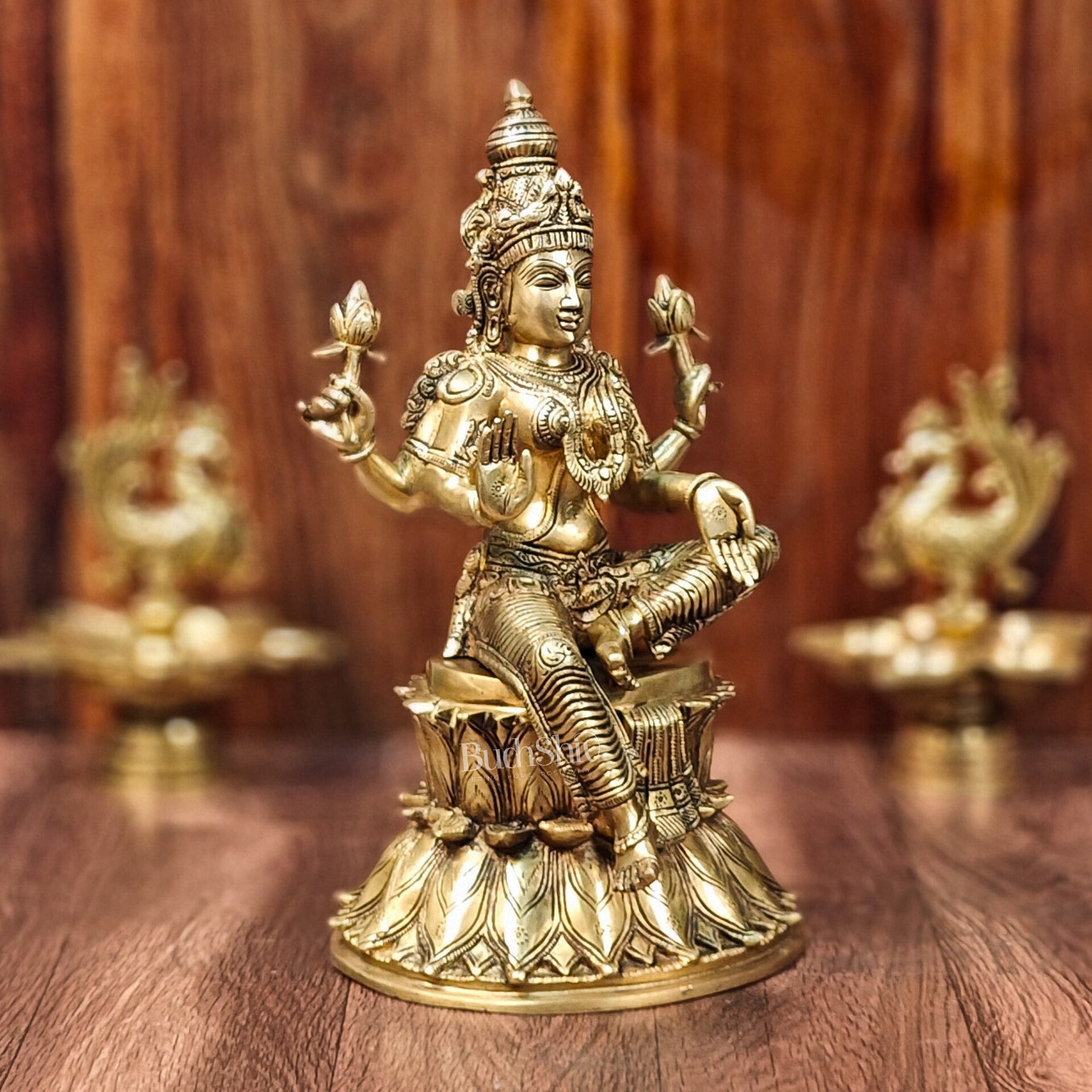 Pure Brass Goddess Lakshmi Statue | Handcrafted | Shine Gold Finish | 14.5" Height - Budhshiv.com