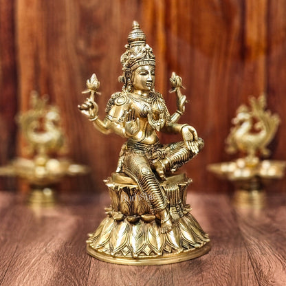 Pure Brass Goddess Lakshmi Statue | Handcrafted | Shine Gold Finish | 14.5" Height - Budhshiv.com