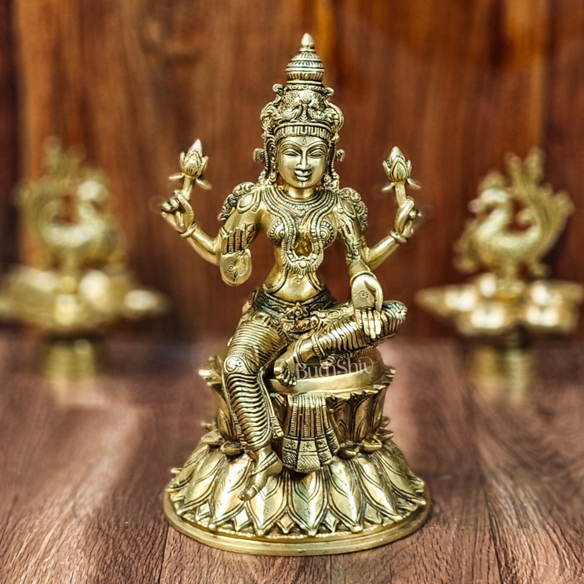 Pure Brass Goddess Lakshmi Statue | Handcrafted | Shine Gold Finish | 14.5" Height - Budhshiv.com