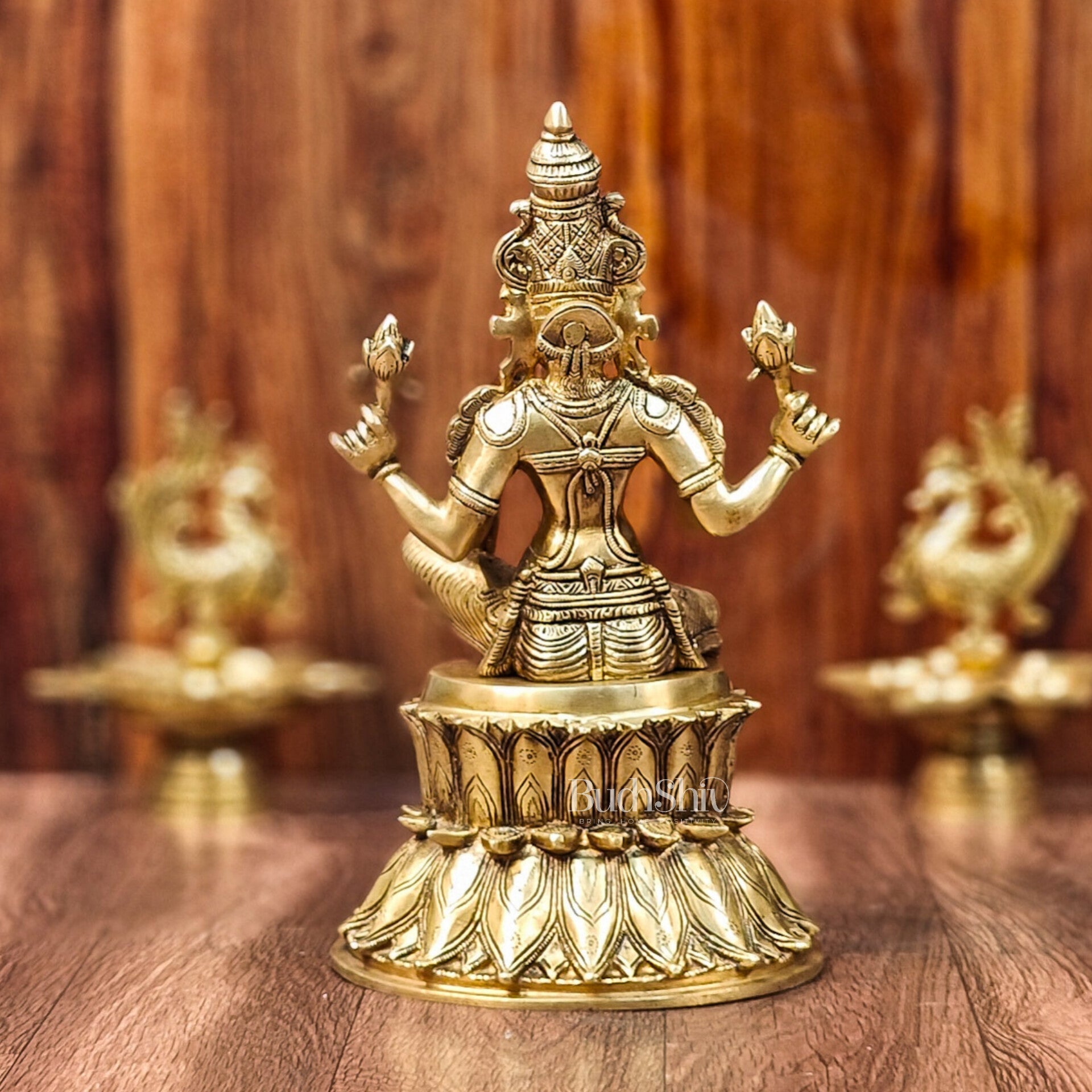 Pure Brass Goddess Lakshmi Statue | Handcrafted | Shine Gold Finish | 14.5" Height - Budhshiv.com