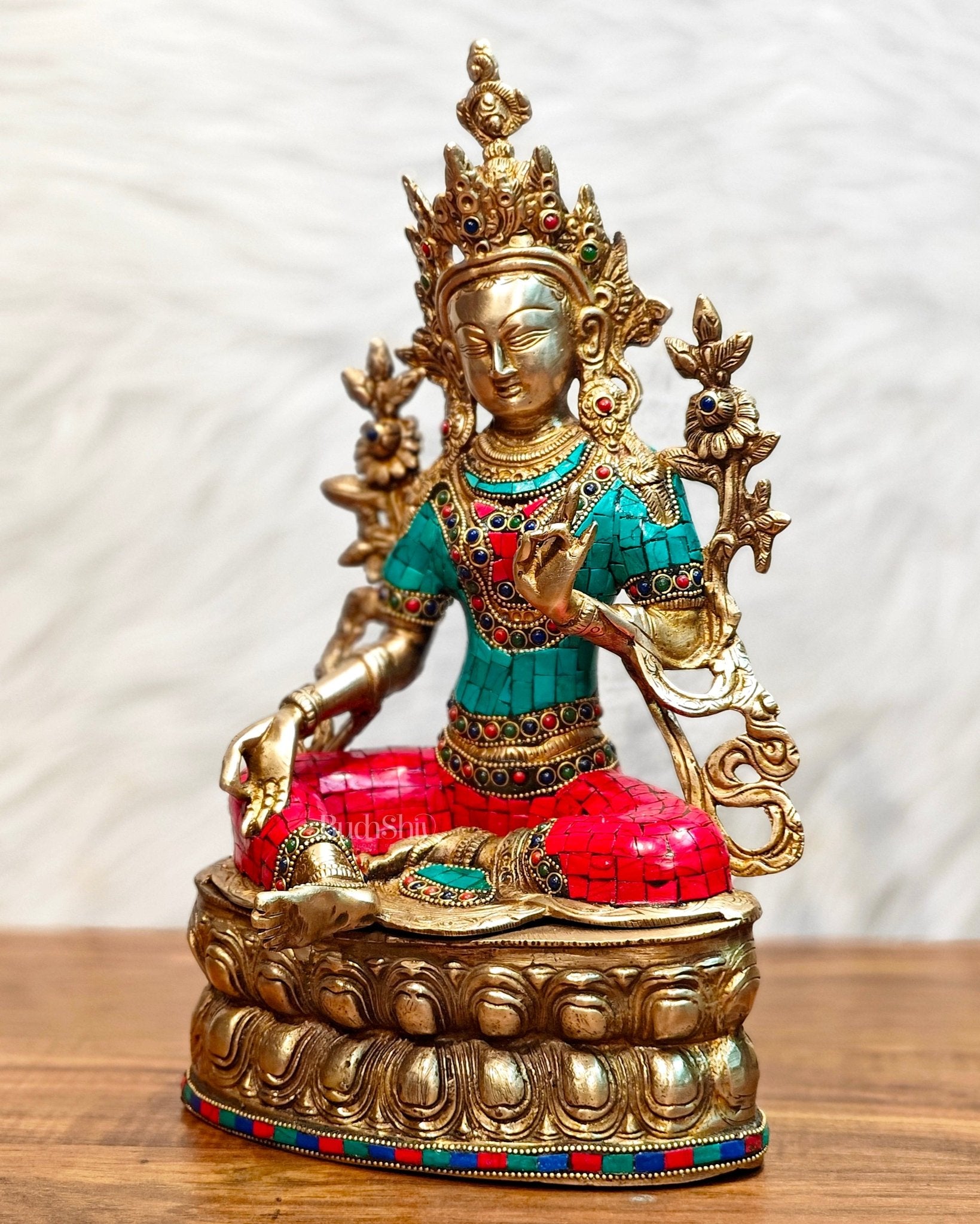 Pure Brass Green Tara Statue | 14 inches Height - Budhshiv.com