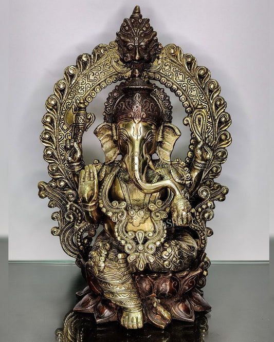 Pure Brass Handcrafted Ganesha Idol - 15.5" Height, Brown and Gold Antique Finish - Budhshiv.com