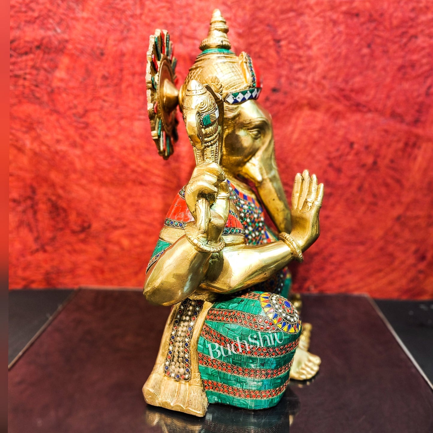 Pure Brass Handcrafted Ganesha Idol with Stonework | Height 20 inches | Blessing Posture - Budhshiv.com