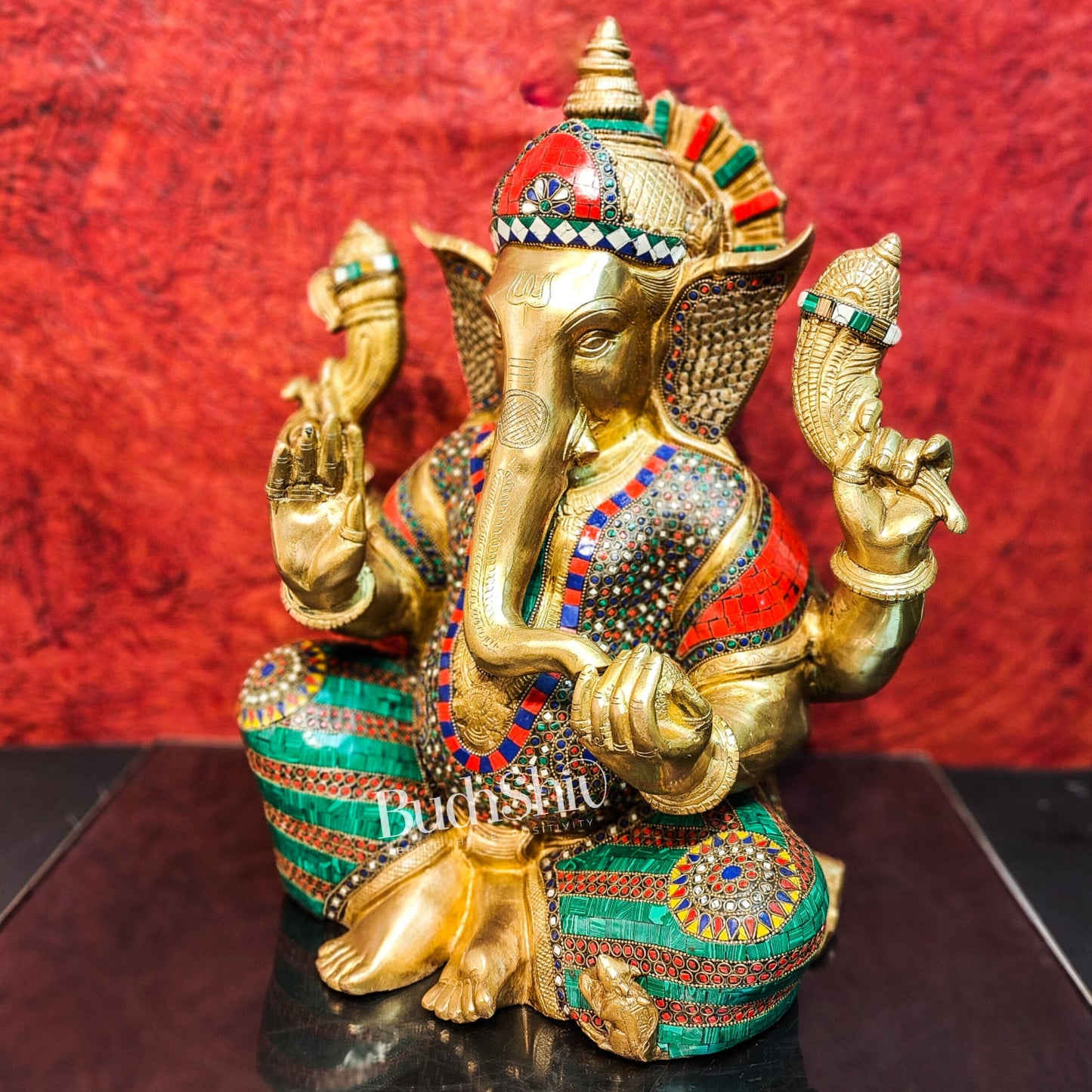 Pure Brass Handcrafted Ganesha Idol with Stonework | Height 20 inches | Blessing Posture - Budhshiv.com