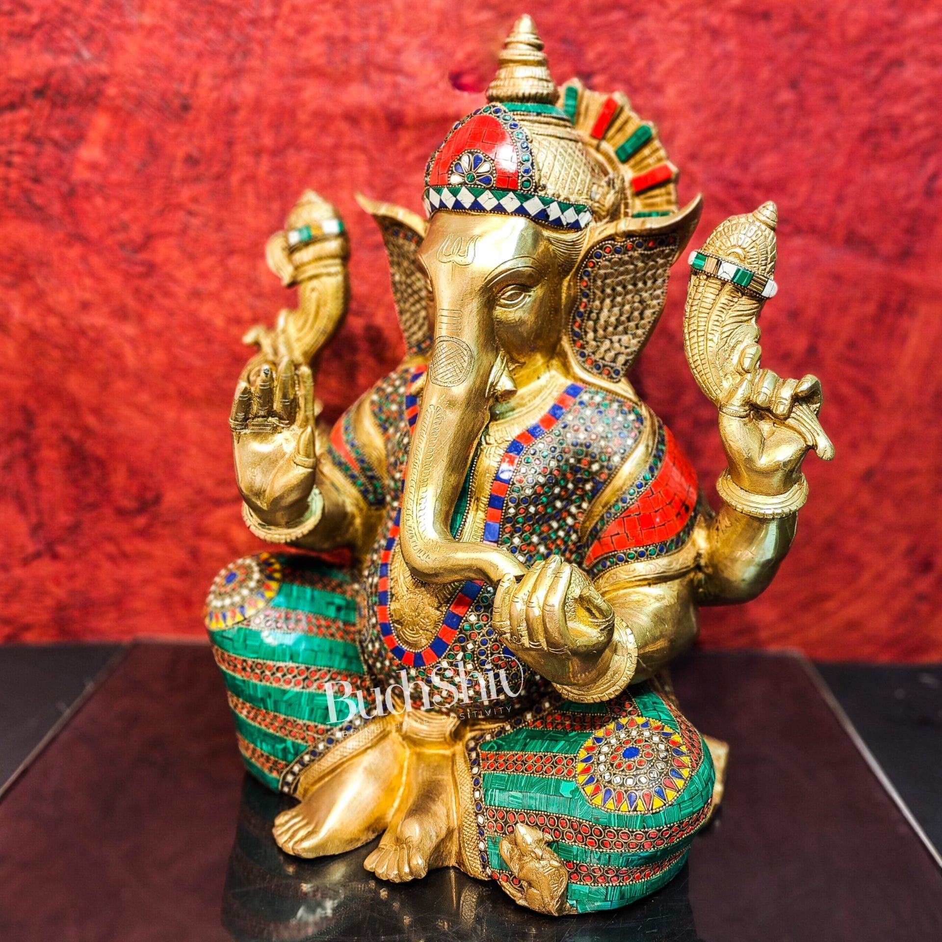 Pure Brass Handcrafted Ganesha Idol with Stonework | Height 20 inches | Blessing Posture - Budhshiv.com