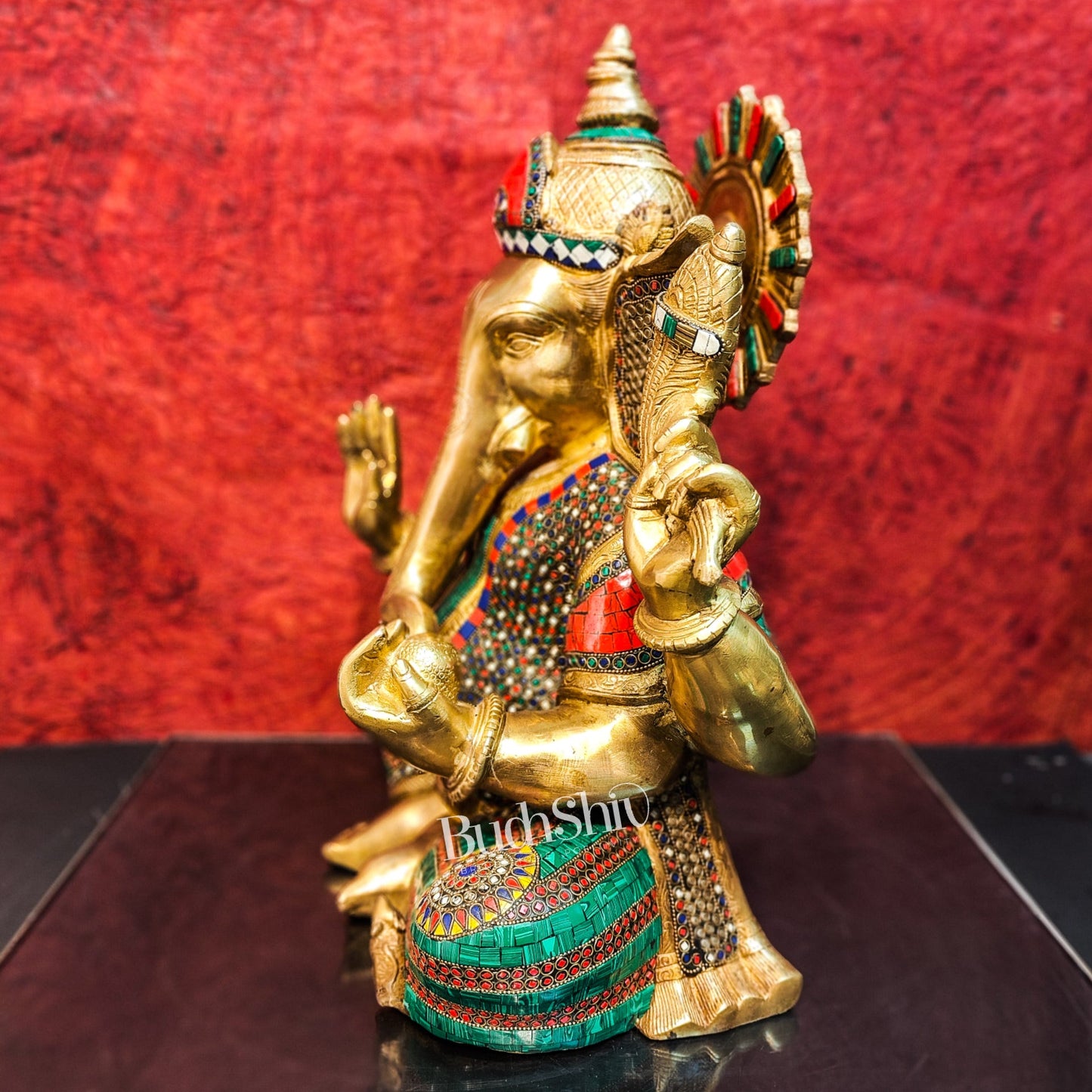 Pure Brass Handcrafted Ganesha Idol with Stonework | Height 20 inches | Blessing Posture - Budhshiv.com