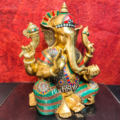 Pure Brass Handcrafted Ganesha Idol with Stonework | Height 20 inches | Blessing Posture - Budhshiv.com