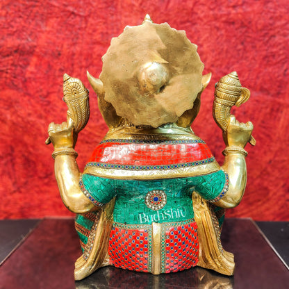 Pure Brass Handcrafted Ganesha Idol with Stonework | Height 20 inches | Blessing Posture - Budhshiv.com