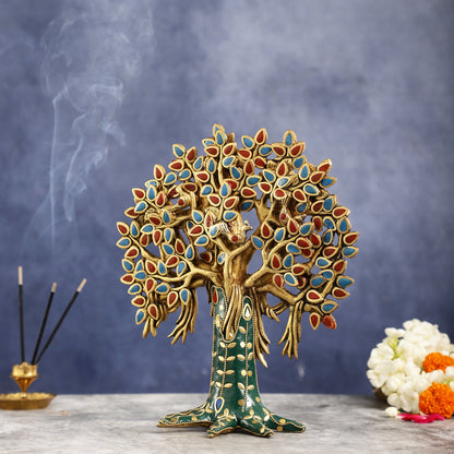 Pure Brass Handcrafted Kalpavriksha Tree - Table Standing - 11" with stonework - Budhshiv.com