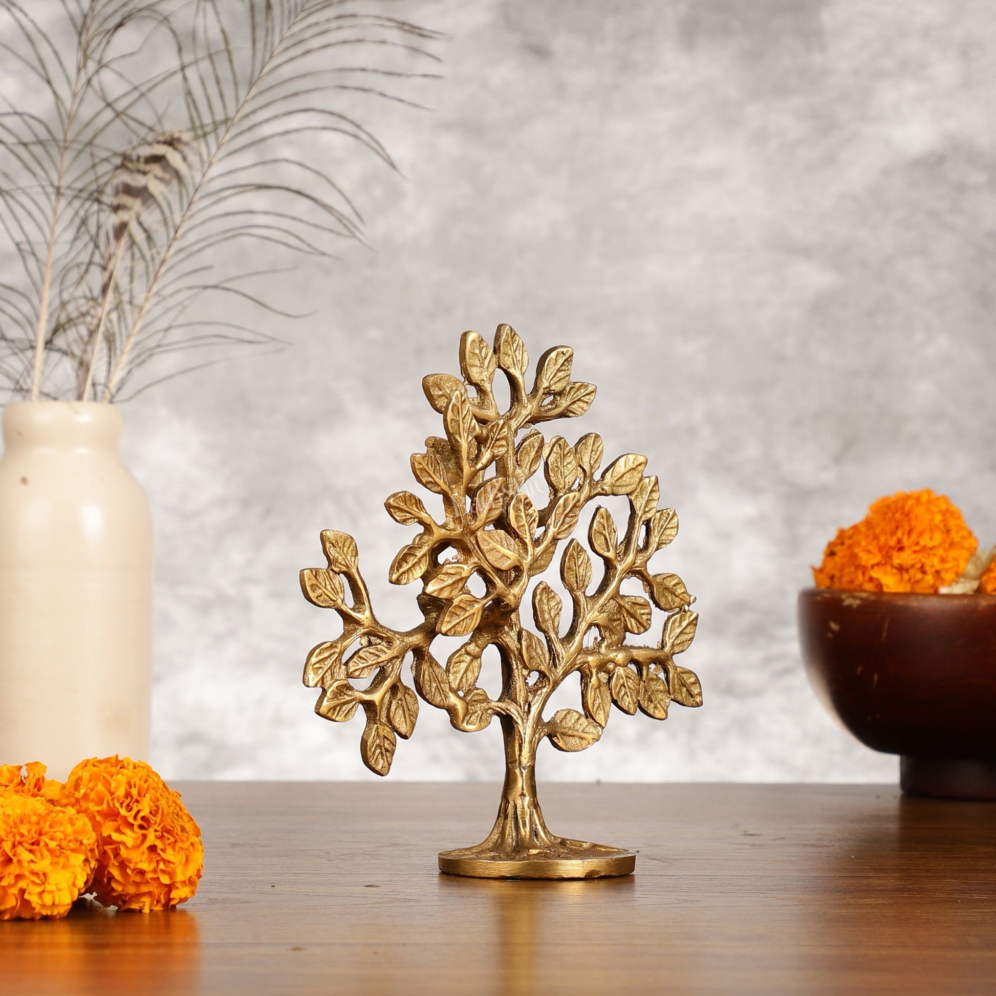 Pure Brass Handcrafted Kalpavriksha Tree - Table Standing 6" - Budhshiv.com