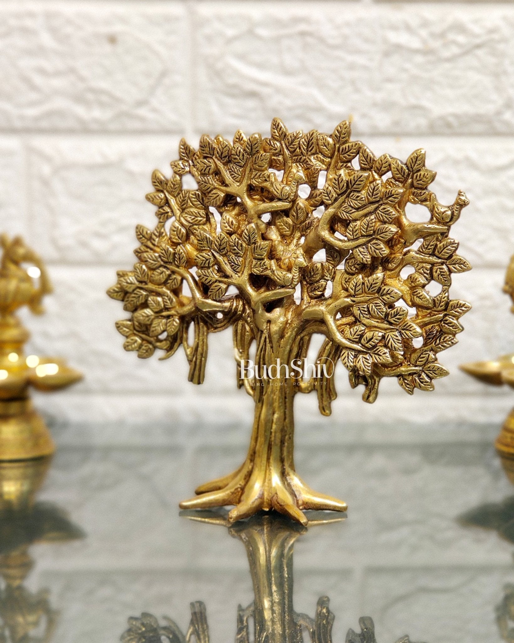 Pure Brass Handcrafted Kalpavriksha Tree - Table Standing 7" - Budhshiv.com