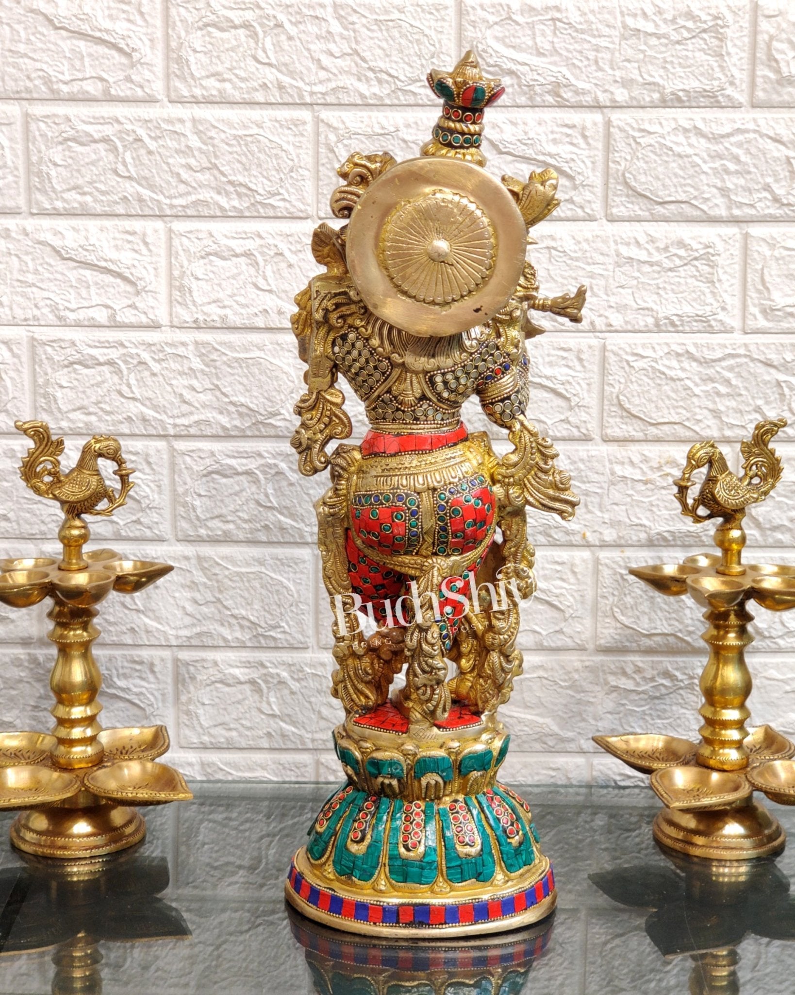 Pure Brass Handcrafted Krishna Statue with Stonework | Height 21 inches - Budhshiv.com