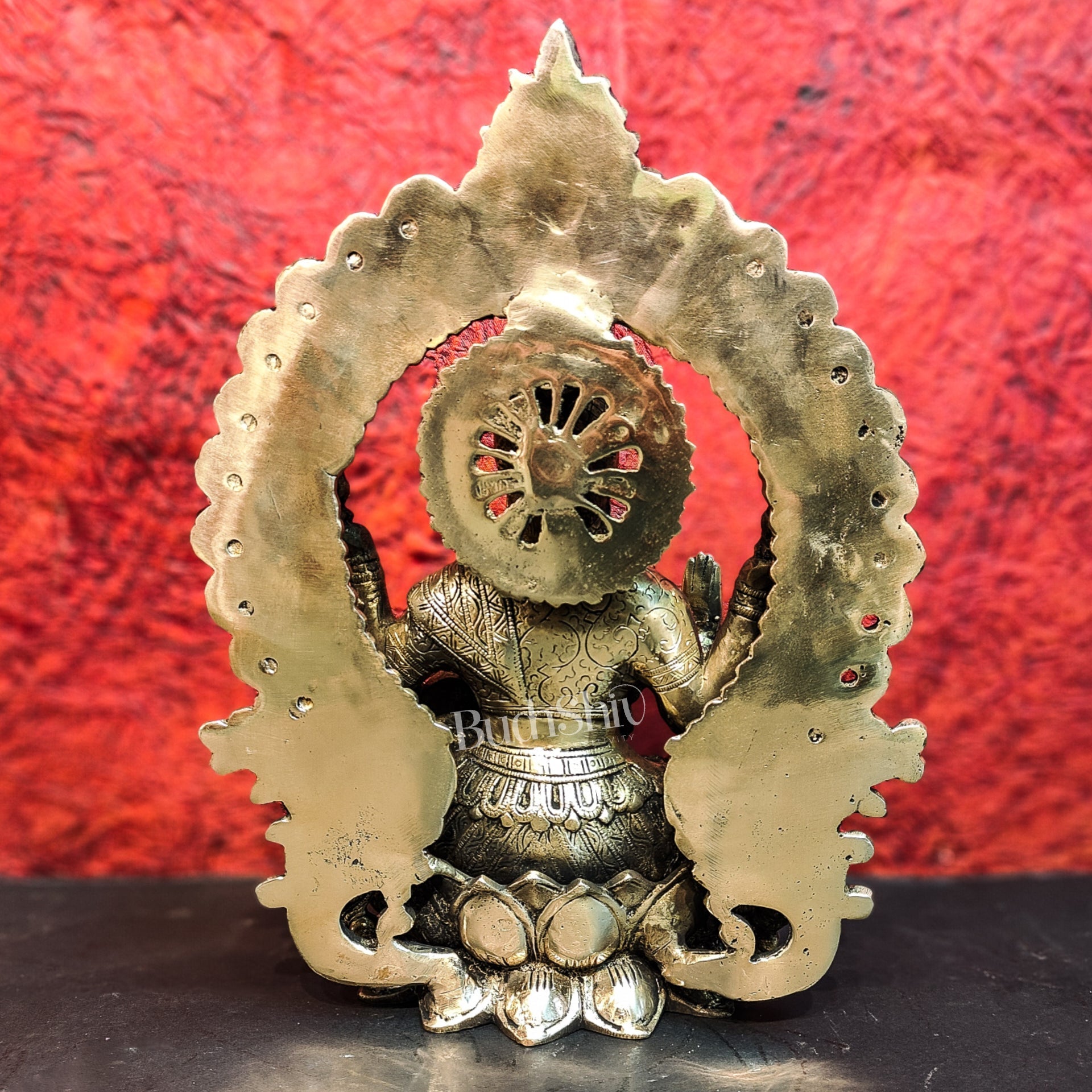 Pure Brass Handcrafted Lakshmi Idol on Lotus Base with Prabhavali Frame | 15.5" - Budhshiv.com